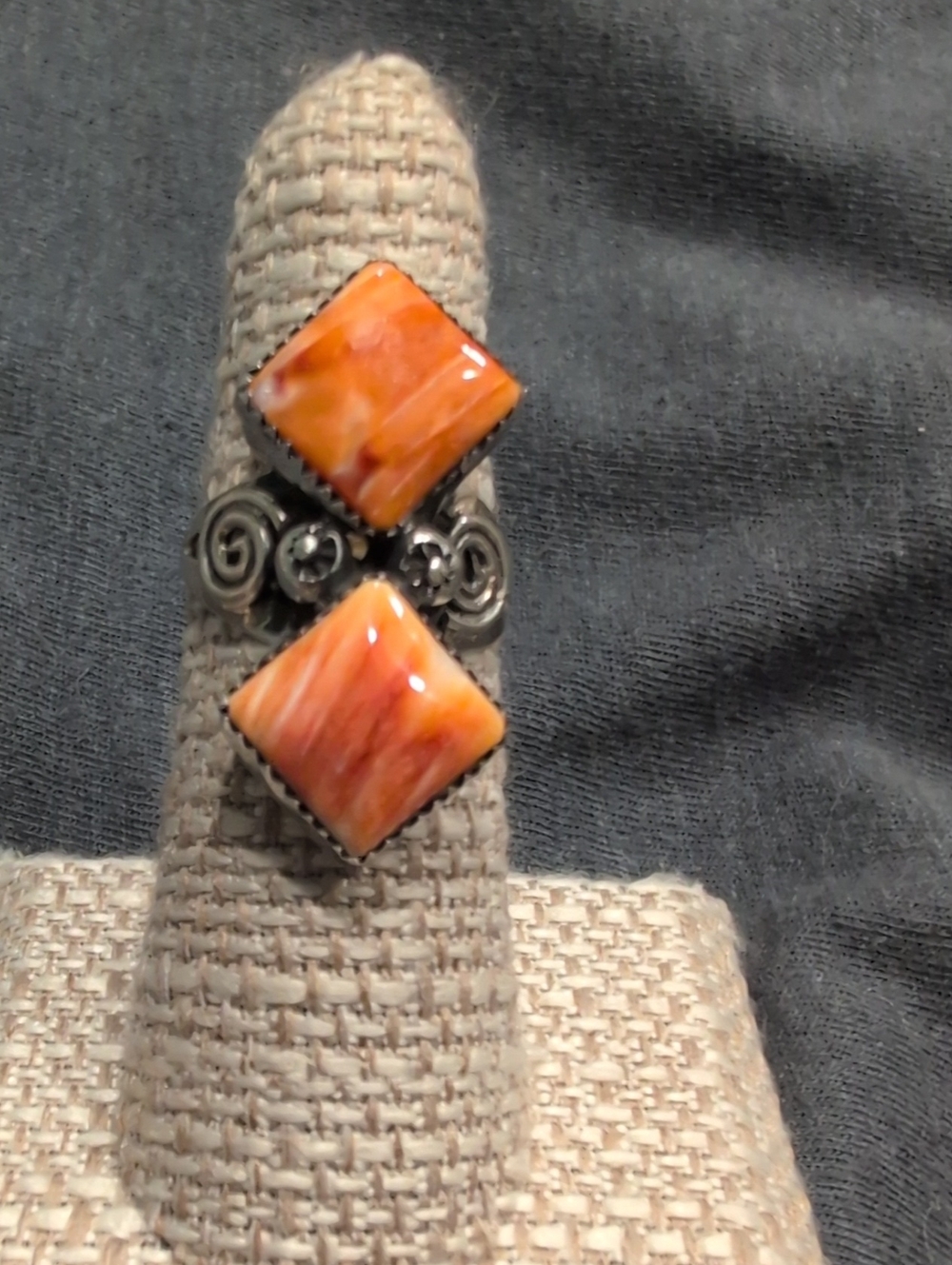 Orange Spiny Double Square Stone Sterling Silver By Lorena Brown-Navajo Made